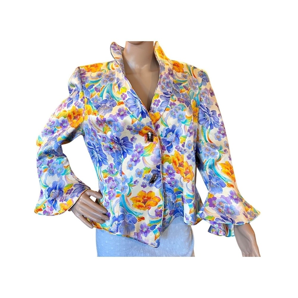 Manzoni Couture 100% Silk Floral‎ Jacket Womens 14 Spain Bell Sleeve Designer